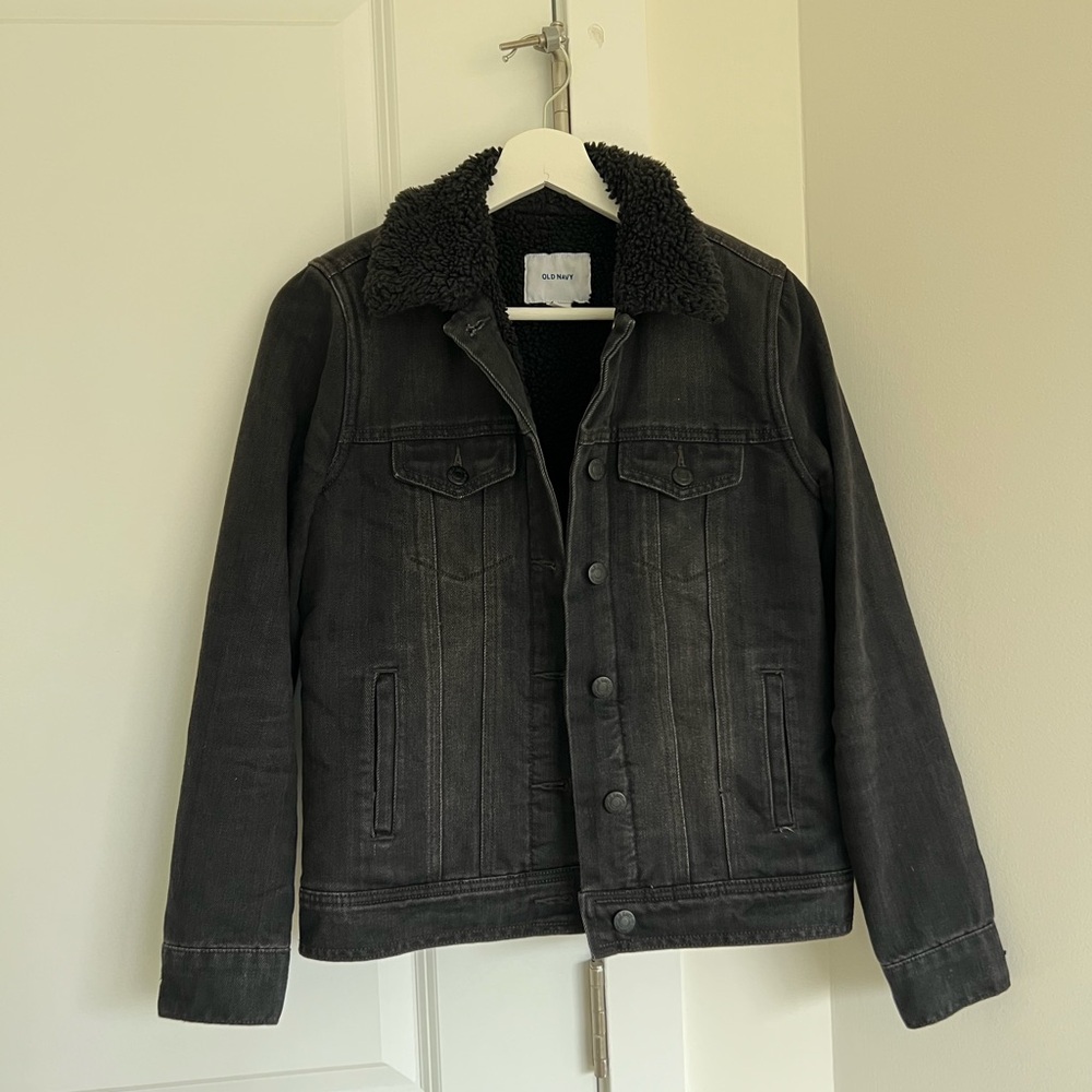 Old Navy Womens Boyfriend Sherpa Lined Charcoal Denim Jacket